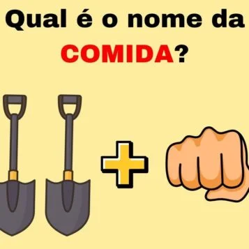 Enigma visual perguntando qual é o nome da comida com duas pás e um soco formando uma palavra.