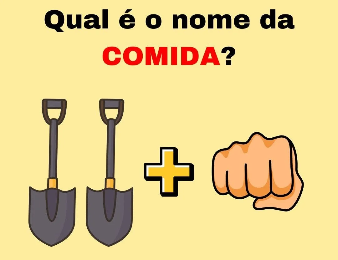 Enigma visual perguntando qual é o nome da comida com duas pás e um soco formando uma palavra.