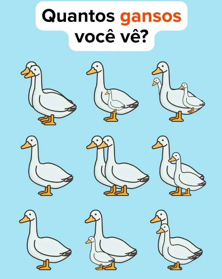 Desafio visual para encontrar todos os gansos escondidos em uma imagem com fundo azul.