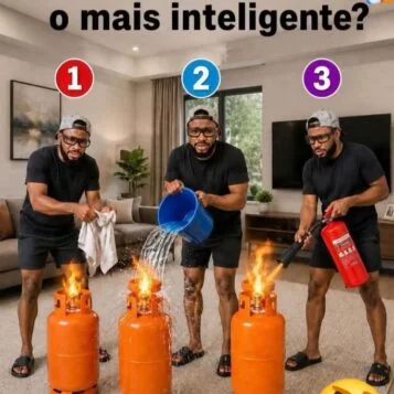 Desafio mostrando três pessoas tentando apagar um incêndio causado por um fogão a gás e perguntando quem tomou a decisão mais inteligente.