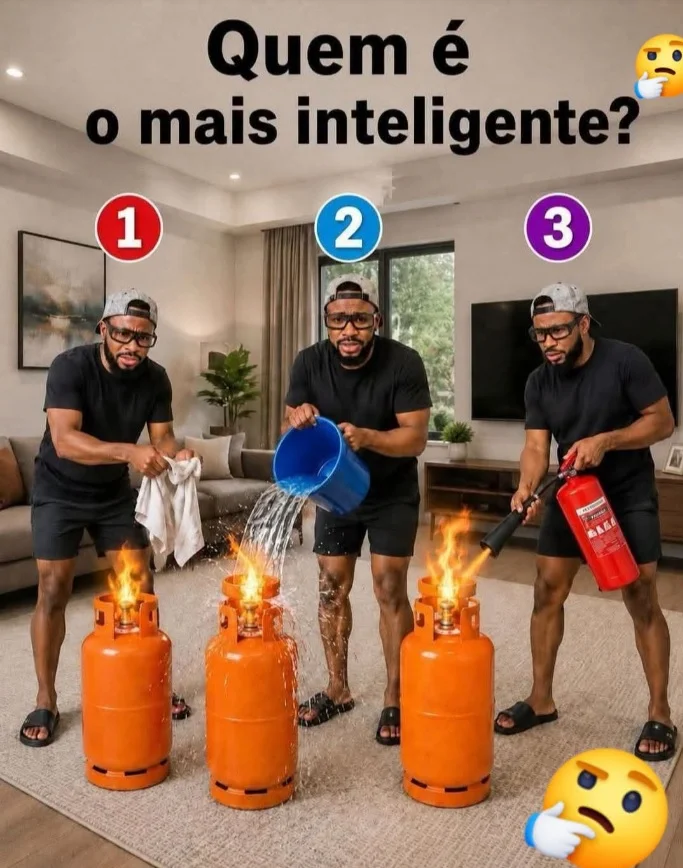 Desafio mostrando três pessoas tentando apagar um incêndio causado por um fogão a gás e perguntando quem tomou a decisão mais inteligente.
