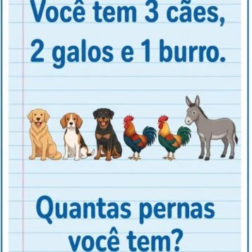 Desafio de lógica perguntando quantas pernas existem ao possuir três cães, dois galos e um burro.
