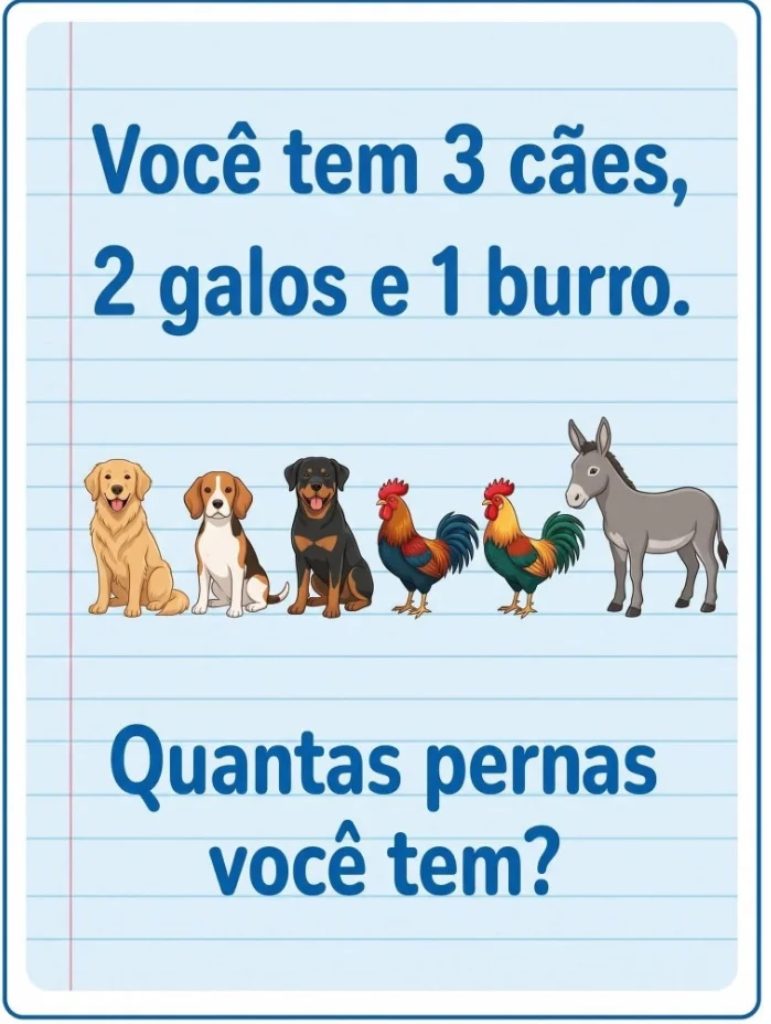 Desafio de lógica perguntando quantas pernas existem ao possuir três cães, dois galos e um burro.