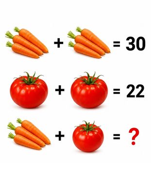 Desafio das cenouras e tomates com operações matemáticas para descobrir o resultado final