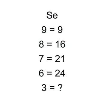 Desafio de lógica com a sequência 9 = 9, 8 = 16, 7 = 21, 6 = 24 e a pergunta sobre quanto vale o número 3.