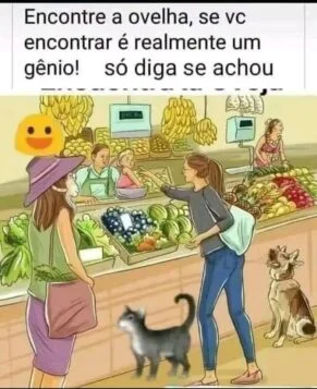 Encontre a ovelha escondida em uma cena de feira com pessoas animais e alimentos