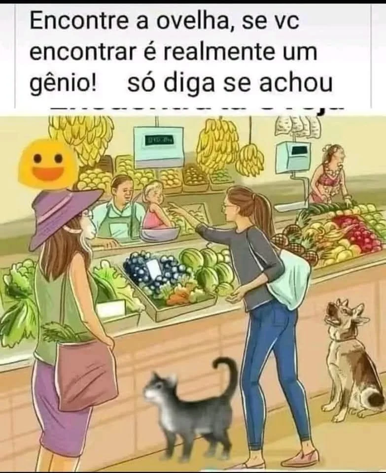 Encontre a ovelha escondida em uma cena de feira com pessoas animais e alimentos