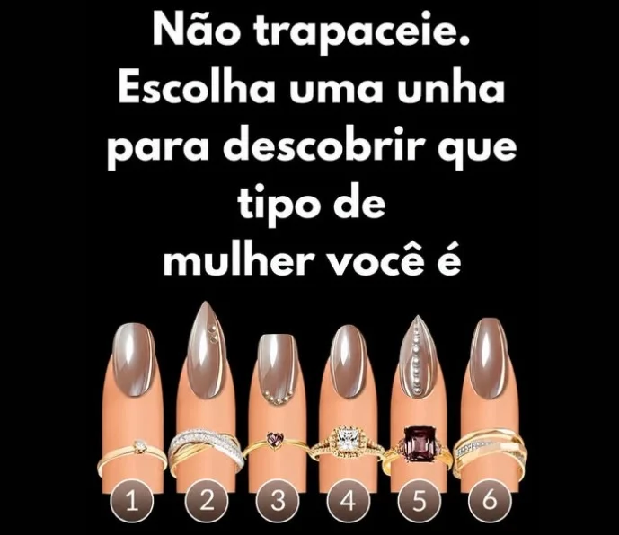 Teste de personalidade com seis unhas decoradas numeradas para escolher e descobrir que tipo de mulher você é.