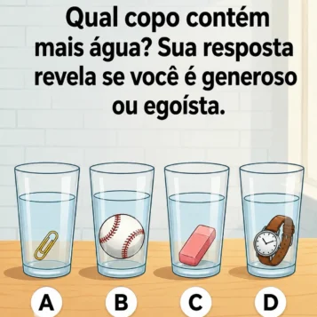 Desafio visual com quatro copos de água contendo objetos diferentes e alternativas A B C e D