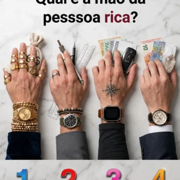 Desafio visual com quatro mãos usando relógios diferentes para descobrir qual pertence à pessoa rica.