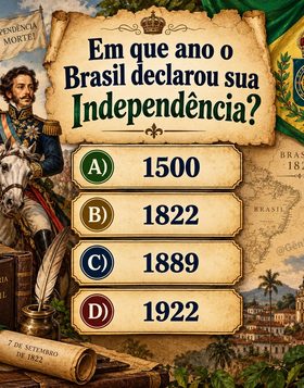 Desafio de história sobre o ano da independência do Brasil com quatro alternativas