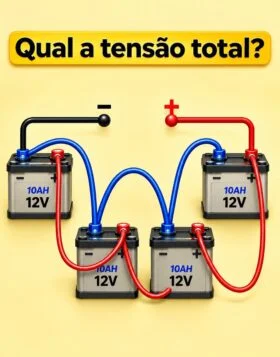 Quatro baterias de 12 V conectadas em série em um desafio sobre tensão elétrica