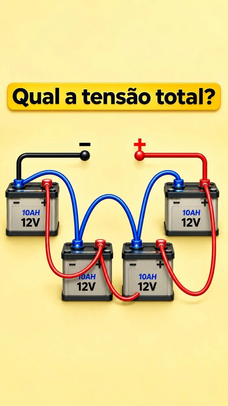 Quatro baterias de 12 V conectadas em série em um desafio sobre tensão elétrica