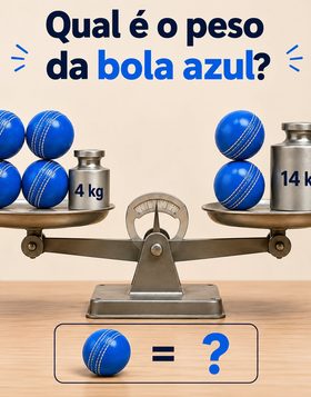 Desafio para descobrir o peso da bola azul usando uma balança com pesos de 4 kg e 14 kg