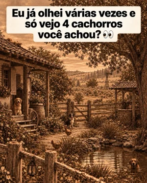 Desafio visual de uma fazenda com cachorros escondidos no telhado, nas árvores, entre as flores, atrás da cerca e na água.