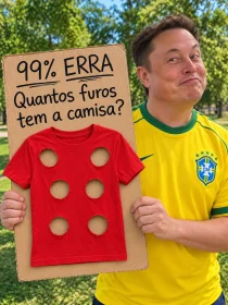 Desafio dos furos na camiseta vermelha com seis cortes circulares para descobrir quantas aberturas existem ao todo.