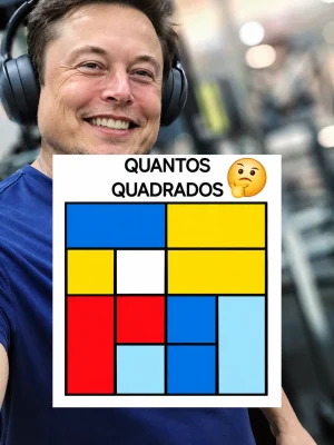 Desafio visual com quadrados coloridos em diferentes tamanhos e divisões geométricas sobre um fundo com um homem usando fones de ouvido.