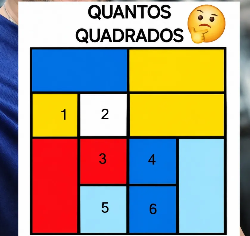 Desafio visual com quadrados coloridos em diferentes tamanhos e divisões geométricas sobre um fundo com um homem usando fones de ouvido.