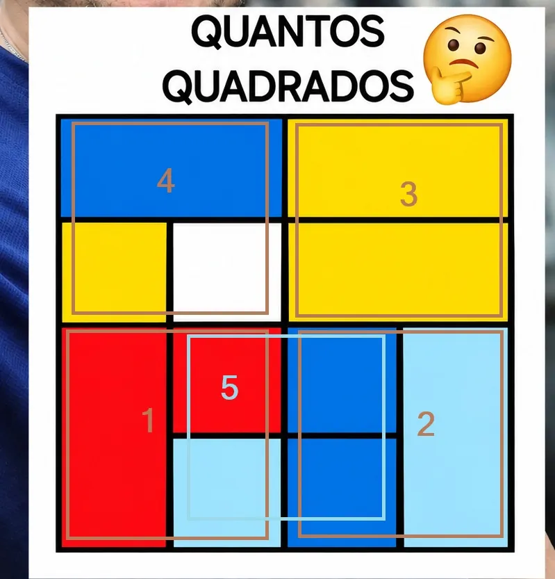 Desafio visual com quadrados coloridos em diferentes tamanhos e divisões geométricas sobre um fundo com um homem usando fones de ouvido.