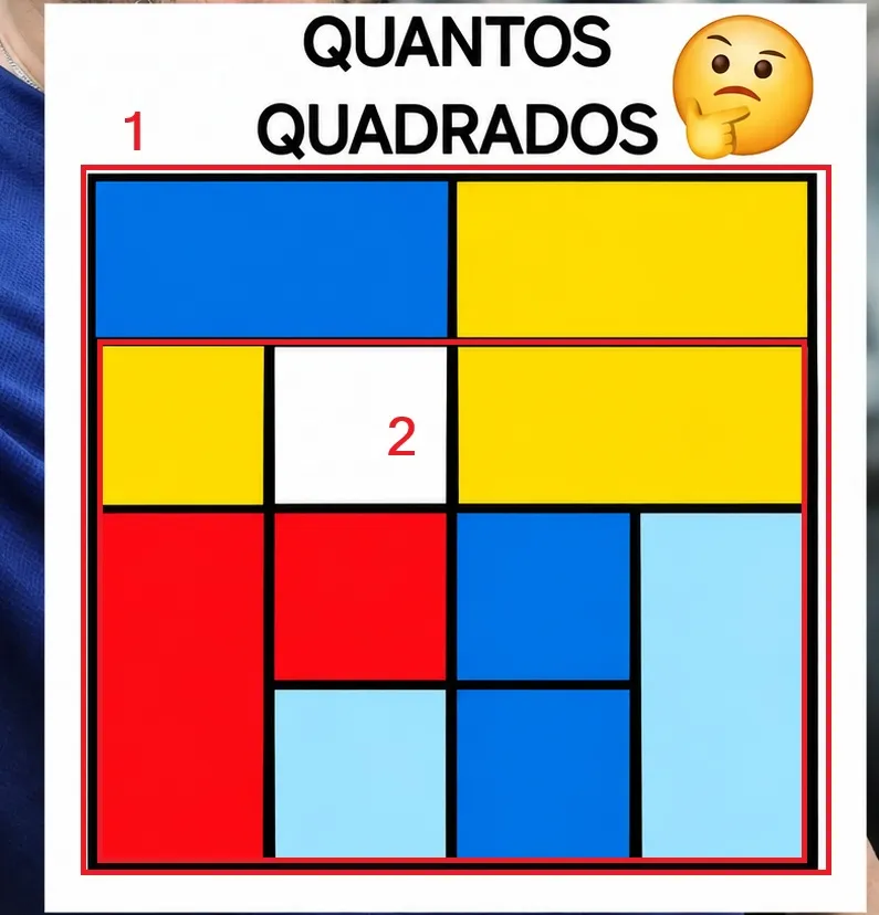 Desafio visual com quadrados coloridos em diferentes tamanhos e divisões geométricas sobre um fundo com um homem usando fones de ouvido.