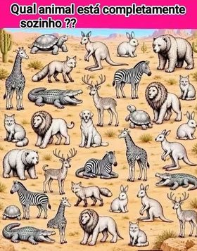 Desafio visual com vários animais em preto e branco para descobrir qual aparece sozinho.