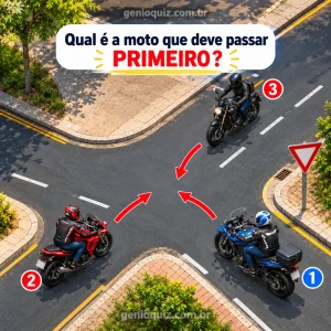 Desafio de trânsito com três motocicletas numeradas se aproximando de um cruzamento sem semáforo e uma placa de preferência.