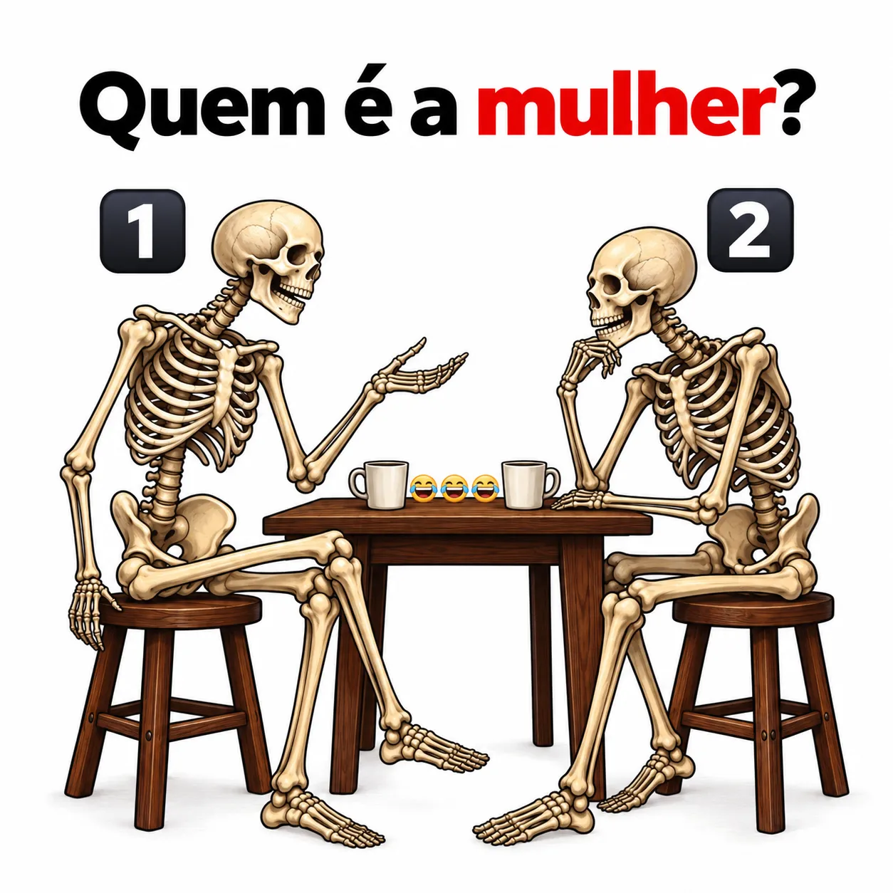 Desafio dos esqueletos com duas figuras sentadas à mesa e a pergunta sobre qual representa uma mulher.