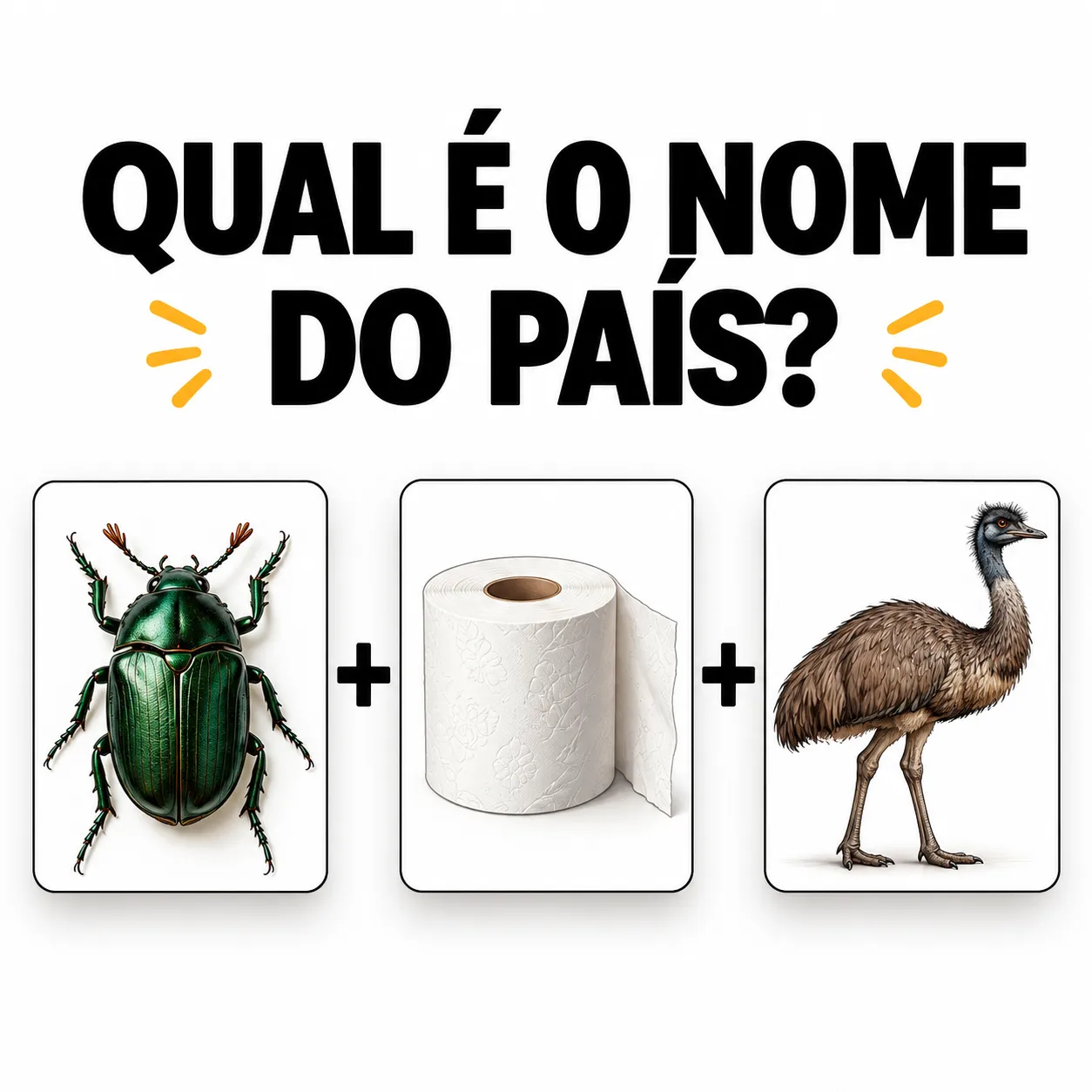 Desafio visual que combina um besouro um rolo de papel higiênico e uma ema para descobrir o nome de um país.