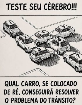 Desafio de trânsito com sete carros numerados e a pergunta sobre qual deles deve dar ré para liberar o engarrafamento.
