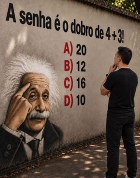 Desafio matemático com a frase “A senha é o dobro de 4 + 3!” e quatro alternativas de resposta.