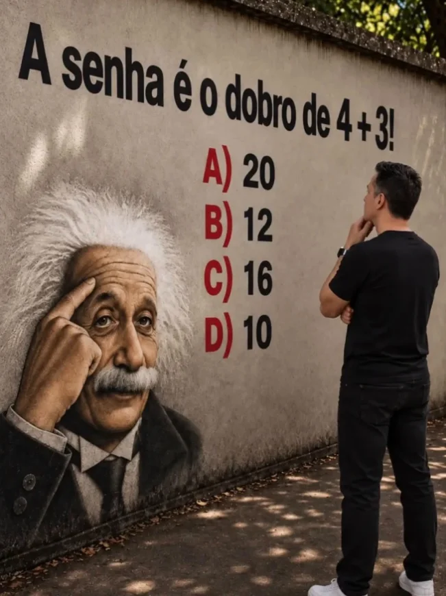 Desafio matemático com a frase “A senha é o dobro de 4 + 3!” e quatro alternativas de resposta.